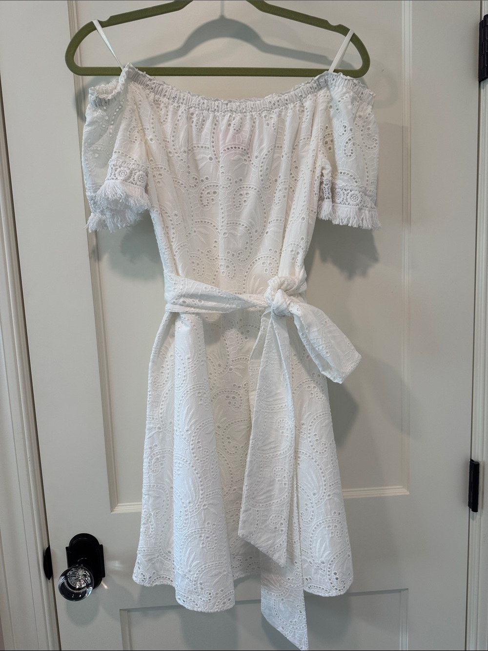 Lilly Pulitzer White Off-Shoulder Eyelet Shift Dress with Fringe Sleeves